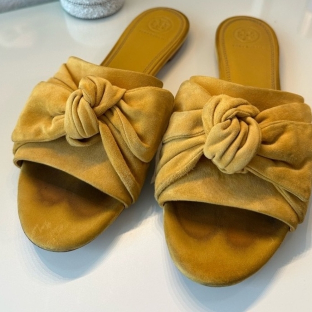 Tory Burch Mustard Knotted Slide Sandals